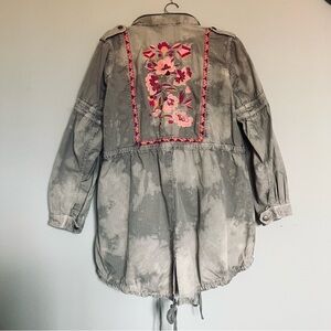 Free People Embroidered Festival Jacket, Floral Khaki Cotton Parka, Size 10